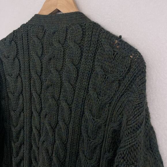 COTTAGE KNITWEAR Sweater Mens L Wool Aran Cable Button Up Cardigan Green - Picture 7 of 14